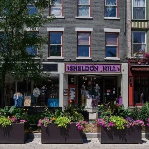 Storefronts and flower planters on the Ithaca Commons